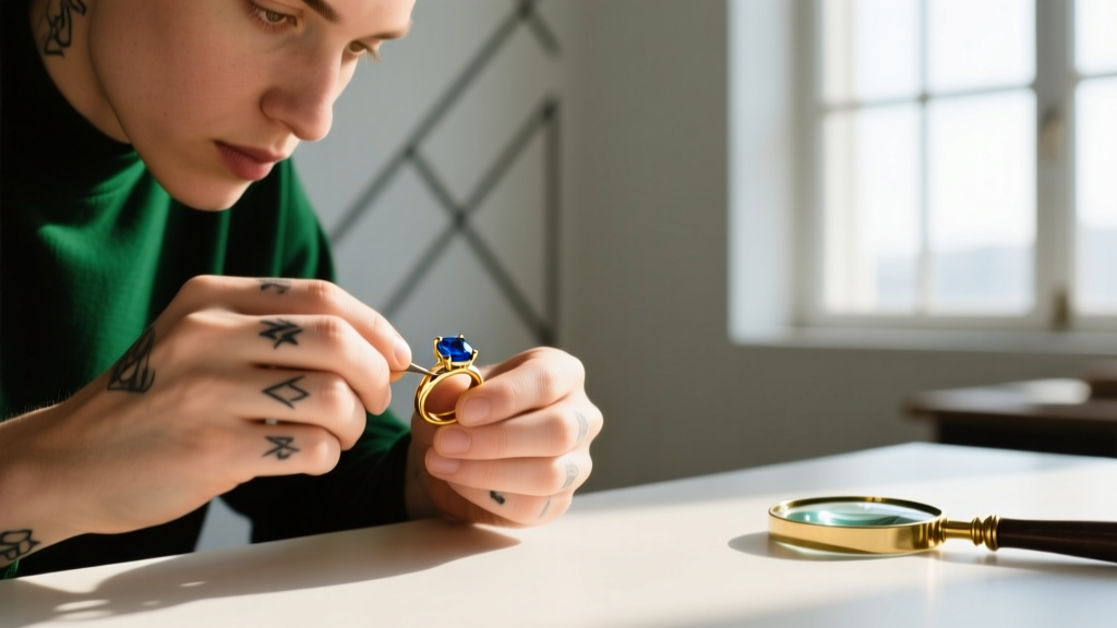 Jeweler's hands using blue nylon-jaw pliers to gently squeeze a thick sterling silver ear cuff to restore its gripping tension.