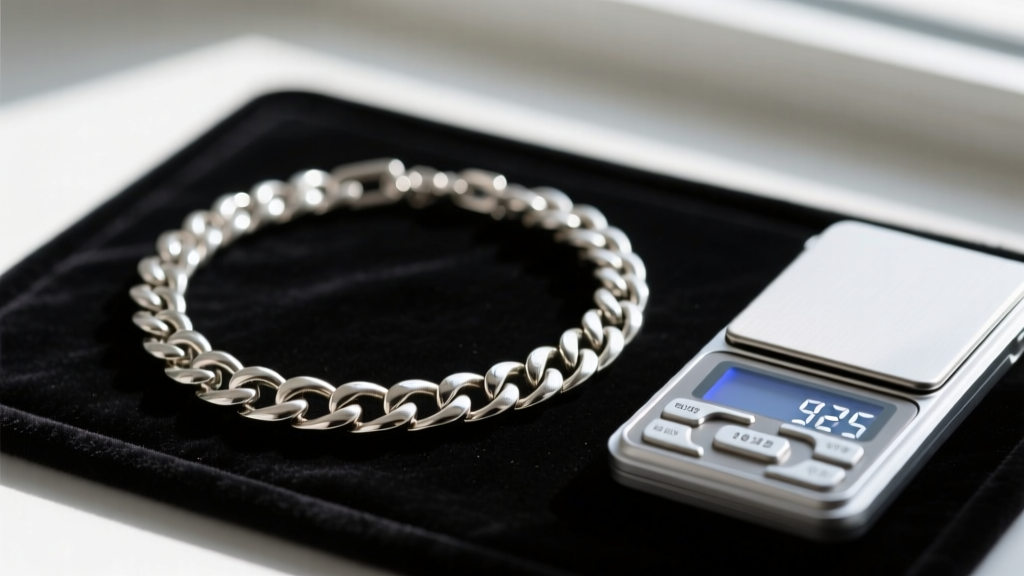 Close-up of a vintage .925 sterling silver Cuban link necklace on a dark velvet appraisal mat beside a digital jeweler scale.