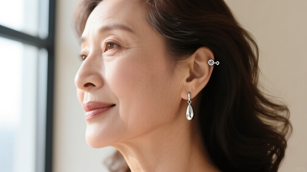 Profile of a mature woman wearing lightweight platinum drop earrings with a secure screw-back closure, highlighting her earlobe