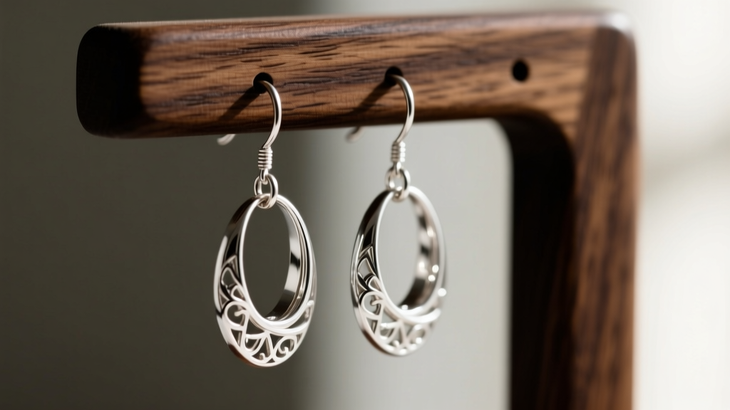 Macro shot of sterling silver dangle earrings hanging from a dark oak wooden earring holder, showing contrasting textures and light