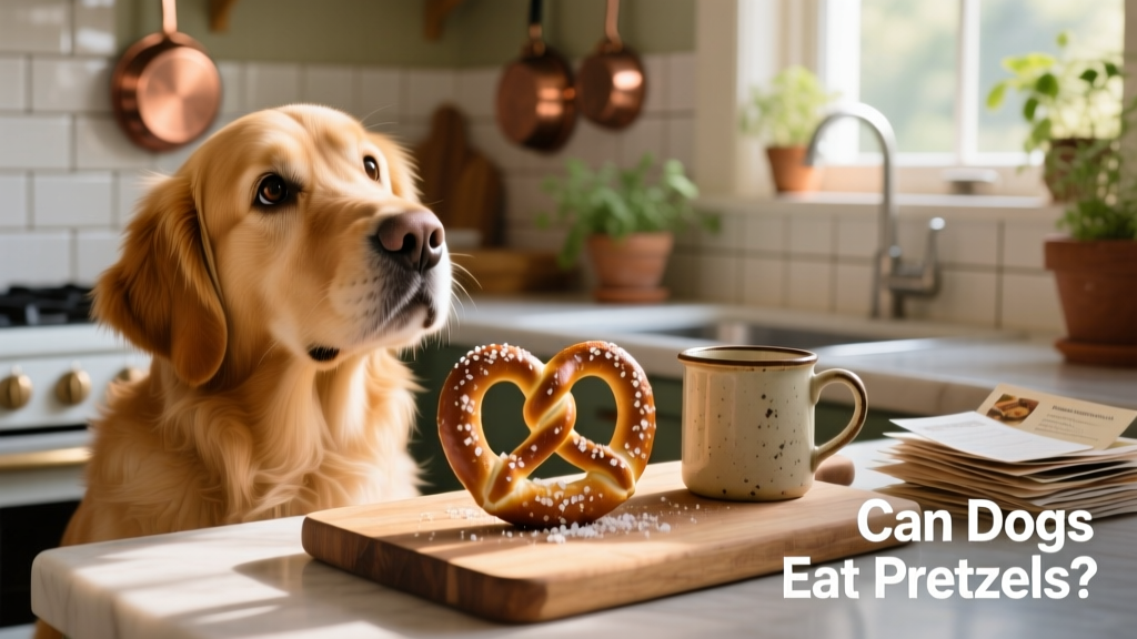 A dog looking curiously at a salted pretzel on a kitchen counter