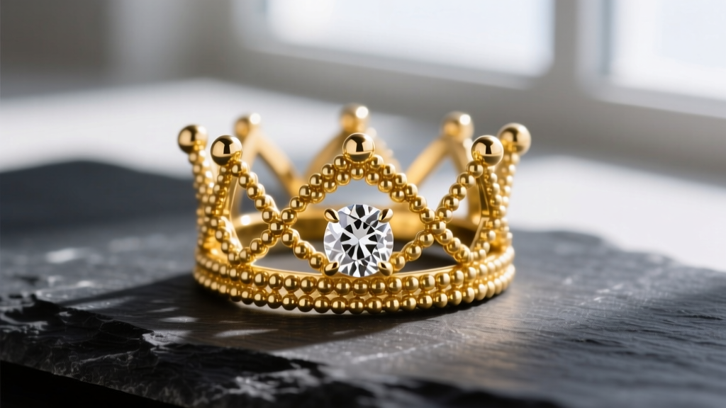 Macro shot of an 18k yellow gold crown ring with intricate granulation beadwork and a rose-cut diamond on dark slate.