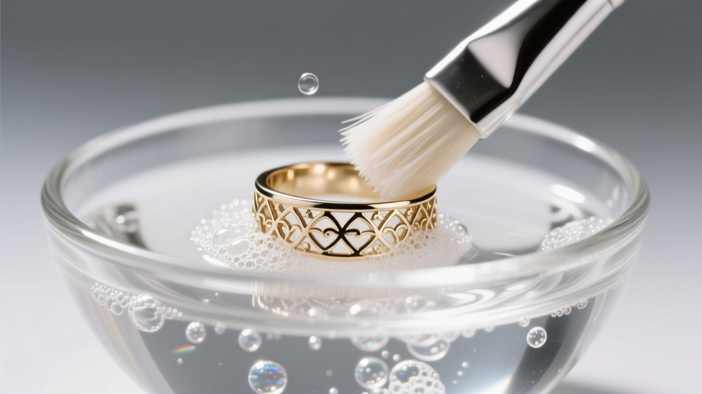 Soft brush cleaning a delicate 18k white gold filigree ring in a glass bowl of soapy water under bright, focused studio lighting