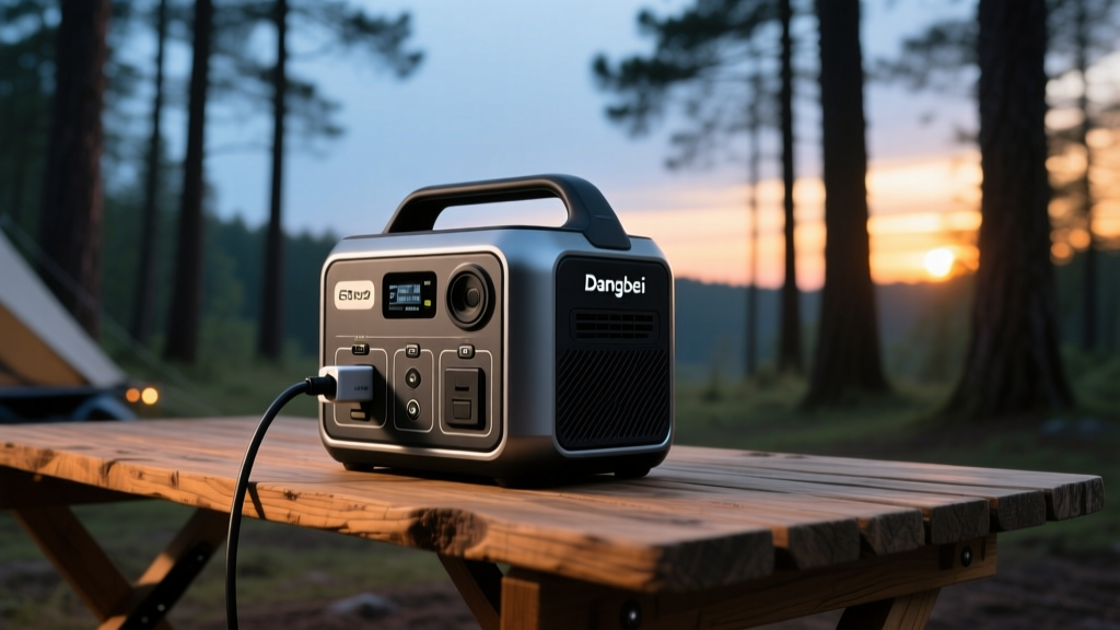 Close-up of EcoFlow River 2 portable power station plugged into a Dangbei Atom projector on a wooden camping table at twilight outdoors