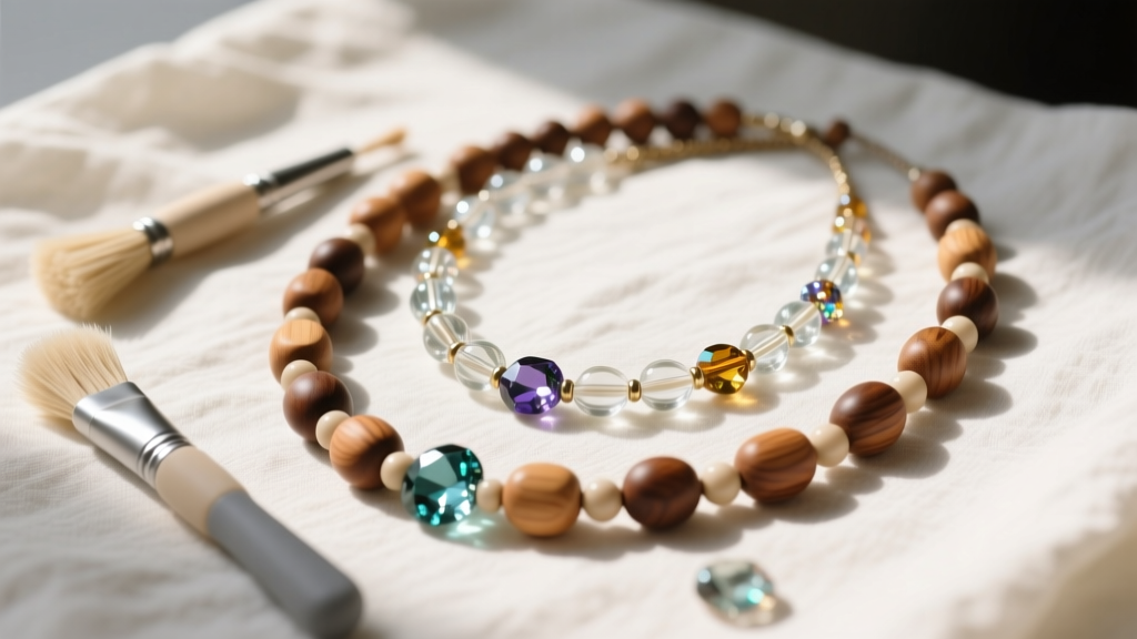 Flat lay of DIY bead necklaces made of wood, glass, and gemstones on linen cloth with soft lighting and small cleaning brushes.