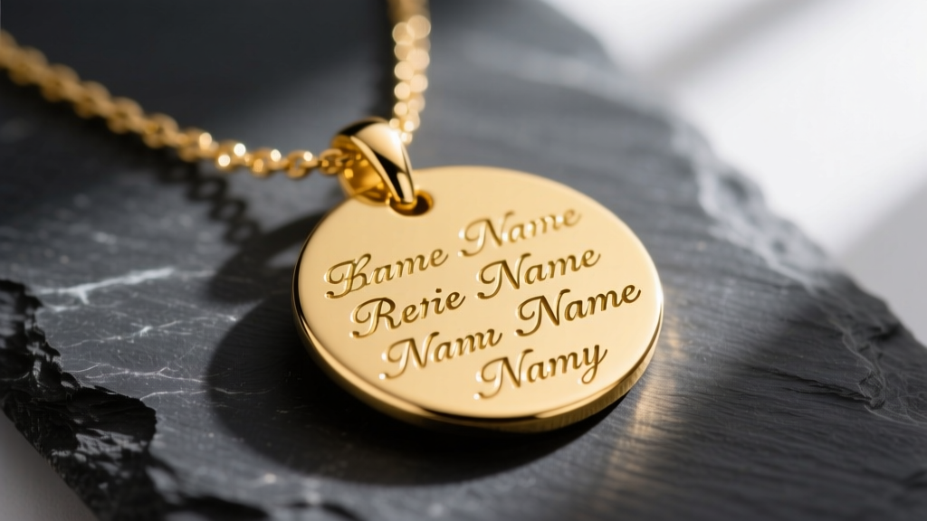 Macro shot of a 14k yellow gold multi-name disc necklace with deep laser-engraved names, resting on dark slate.
