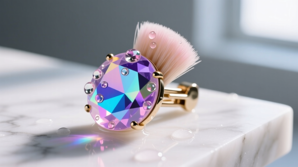 A soft-bristled brush gently cleaning aurora borealis glass rhinestones on a vintage 80s clip-on earring with soapy water.