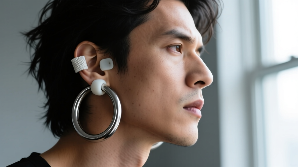 Side-profile portrait of a rock musician wearing heavy 50mm seamless steel hoops, showing clear silicone earring support patches.