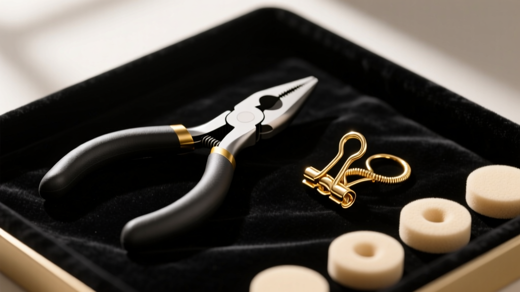Flat lay of jewelry tools including nylon-jaw pliers, a brass spring clip-on finding, and small beige foam pads on dark velvet