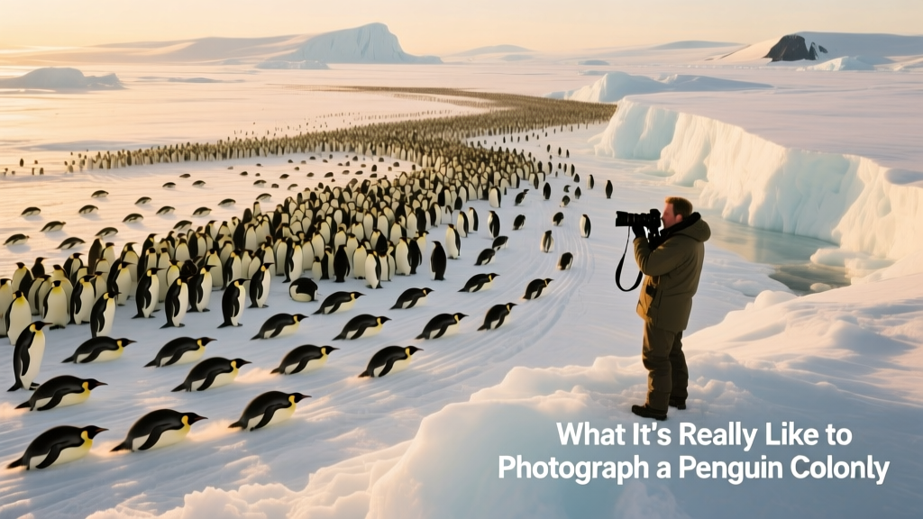 Wide aerial view of a bustling penguin colony on Antarctic ice with thousands of birds in motion