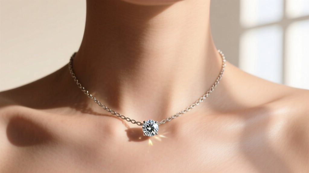 Close-up of an invisible chain necklace with a bezel-set diamond floating on a collarbone in soft daylight