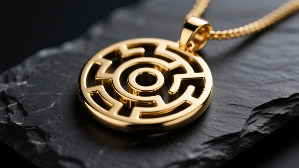 Macro shot of an 18k gold labyrinth pendant on dark slate, showing the continuous engraved path and smooth, polished metal edges.