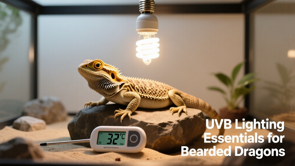 Close-up of a UVB bulb mounted above a bearded dragon’s basking rock, with thermometer visible nearby