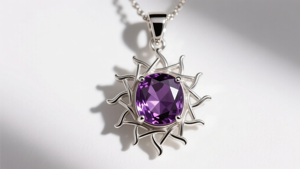 Macro photography of a 925 sterling silver Vergina sun pendant center-set with a faceted natural amethyst, showing crisp metalwork