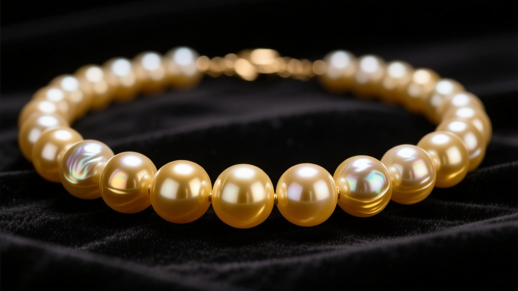 Macro shot of a massive 25mm golden South Sea pearl necklace on dark velvet, highlighting thick nacre luster and deep shadows