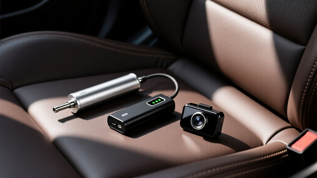 Flat-lay of compact car gadgets: a silver tire inflator, thin black jump starter, and tiny dash cam resting on dark leather vehicle seats