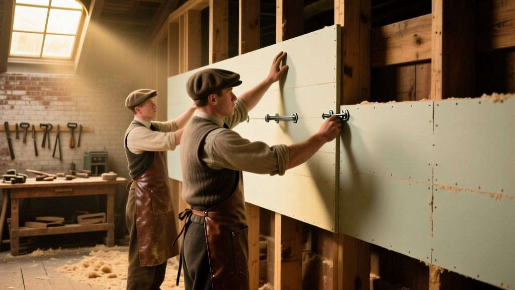 Workers in the 1920s installing early multi-layer Sackett gypsum board panels onto wooden wall studs inside a dimly lit historic building