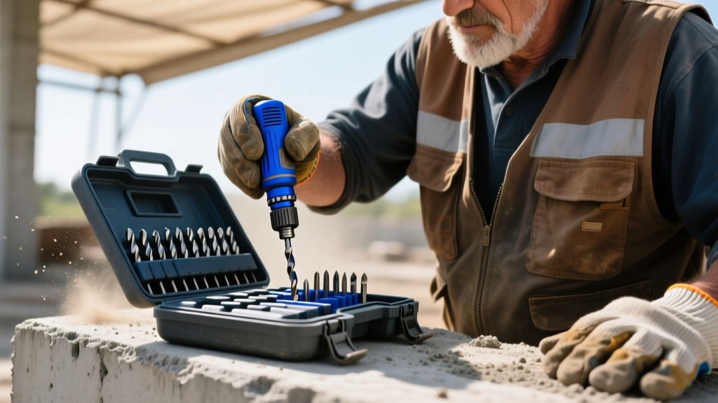 Close-up of a professional contractor selecting a cobalt-tipped masonry drill bit from a specialized organized bit case on a dusty concrete job site