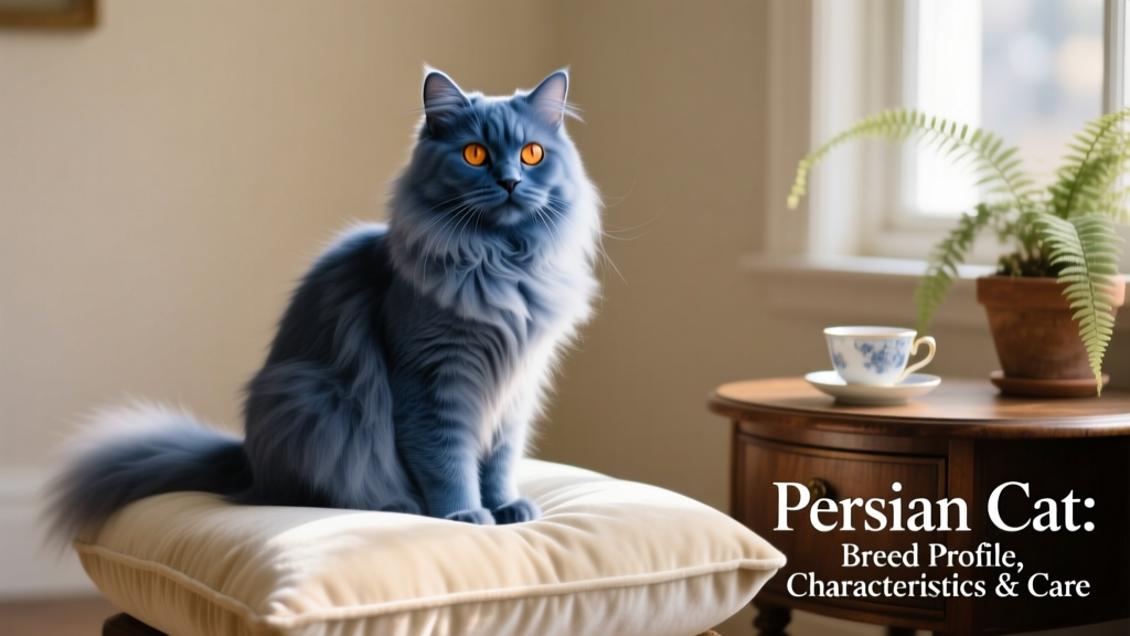 Blue solid Persian cat sitting serenely on a soft cushion
