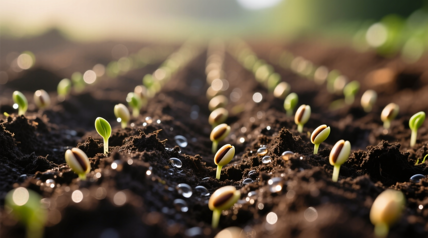 Close-up view of freshly planted seed rows in fertile soil