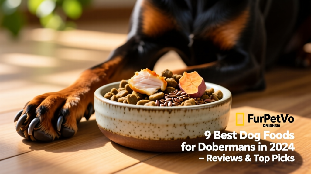 Close-up of FurPetVo Nutrish kibble in a ceramic bowl next to a Doberman’s paw, highlighting texture and ingredient visibility