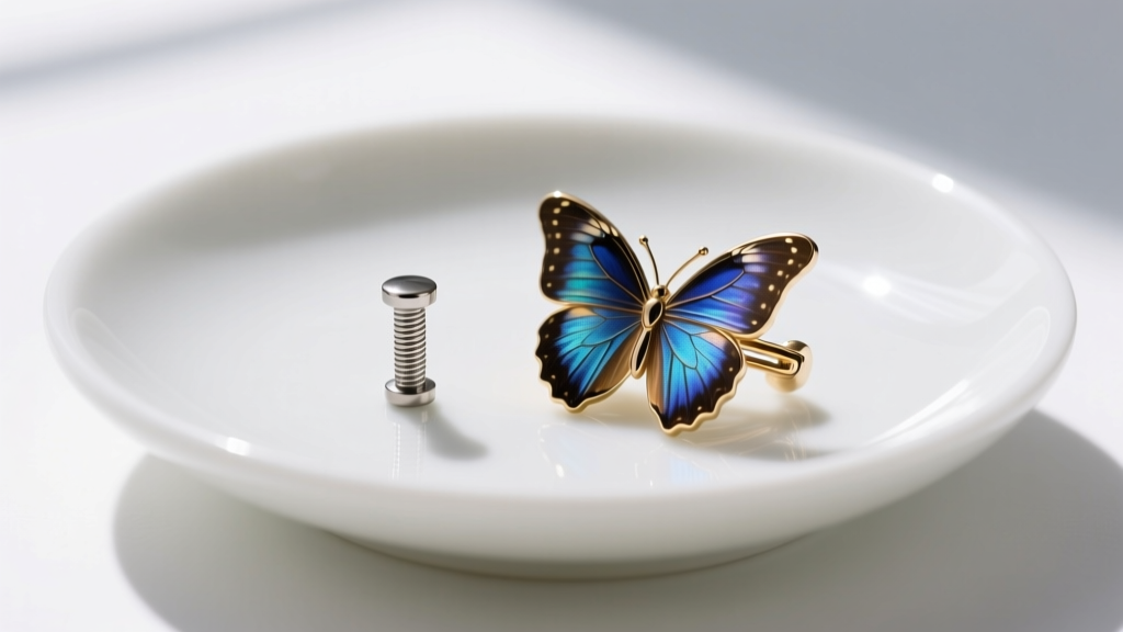 Macro shot of a 20-gauge titanium earring post and butterfly clutch resting on a clean white ceramic dish in soft studio lighting.