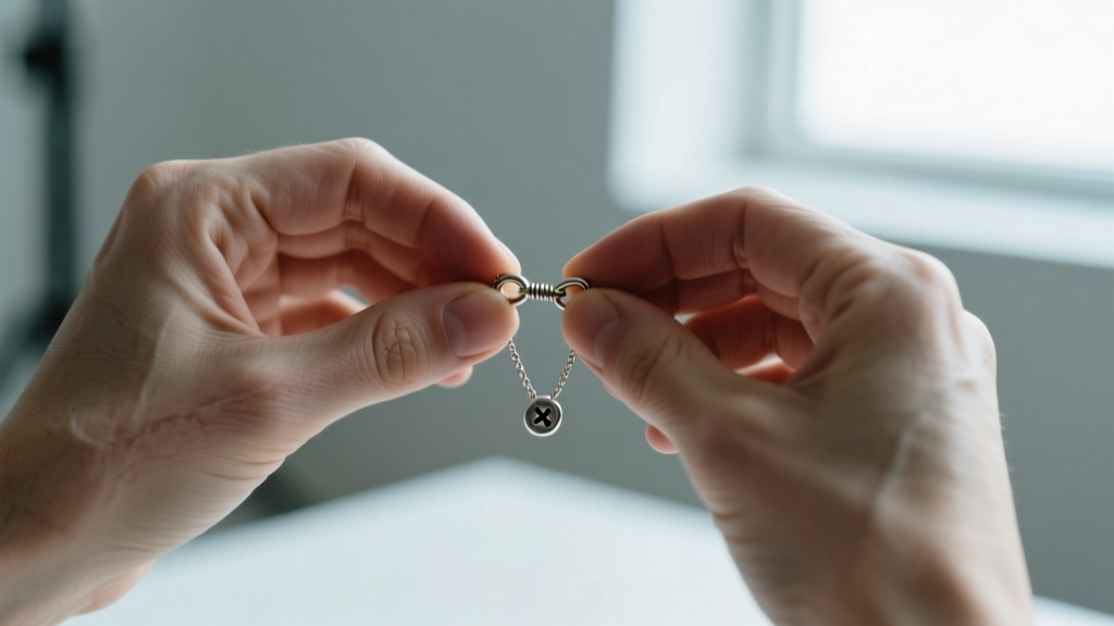 Hands fumbling with a small screw-top necklace clasp, showing motor control difficulties during sudden medical emergencies.