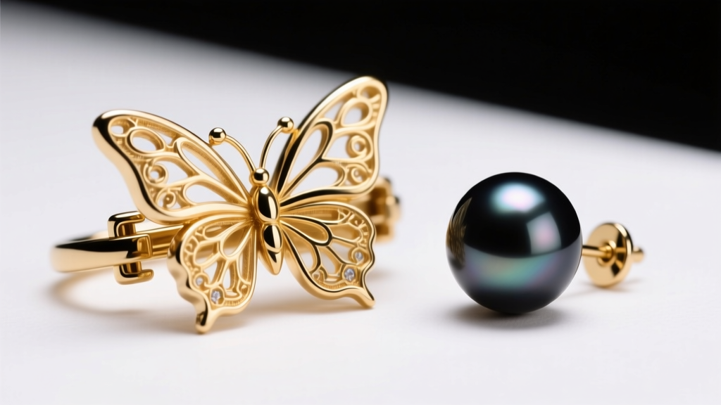 18k gold butterfly backing and post next to a large Tahitian black big pearl earrings stud, showing detailed hardware mechanics.
