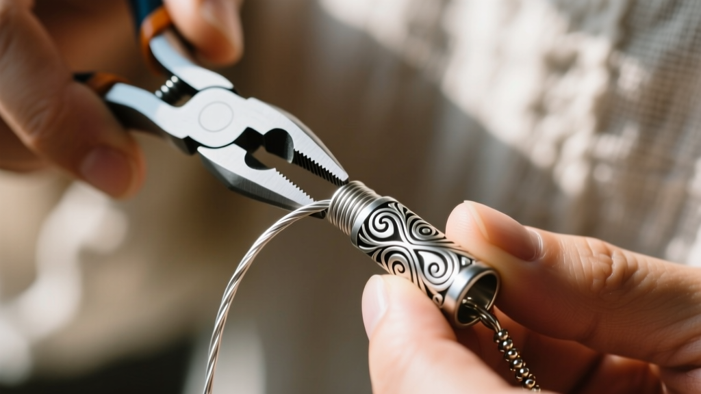 Hands using flat-nose pliers to crimp a nylon-coated stainless steel beading wire through a silver boho-style clasp tube.