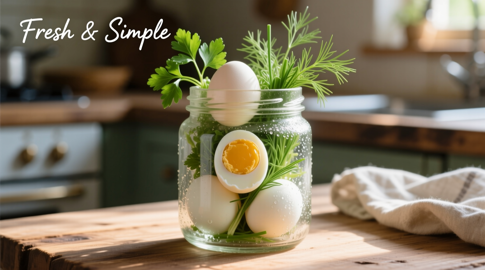 Hard boiled eggs in glass container with fresh herbs