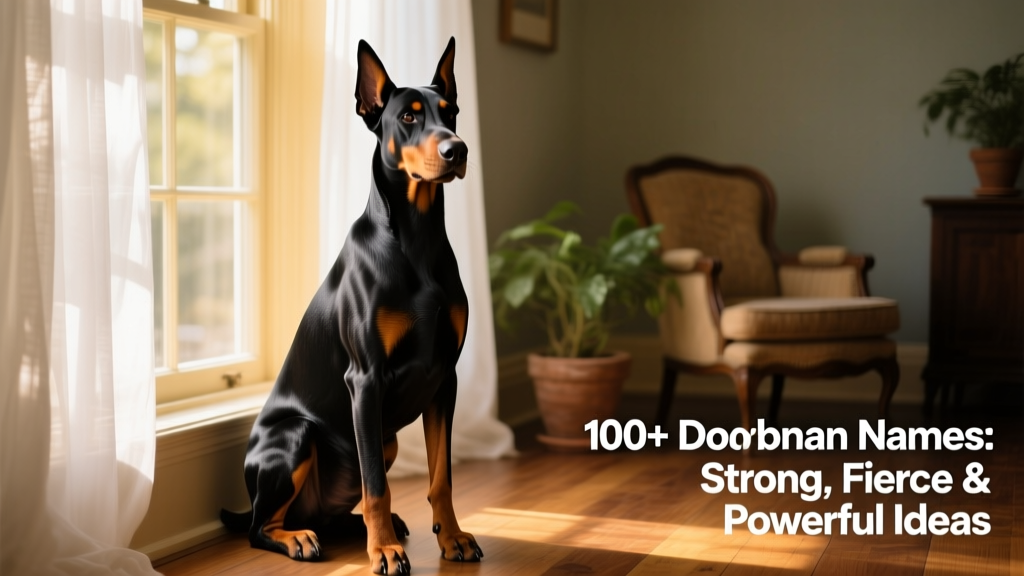 A sleek black-and-tan female Doberman sitting calmly beside a sunlit window, ears perked and gaze focused