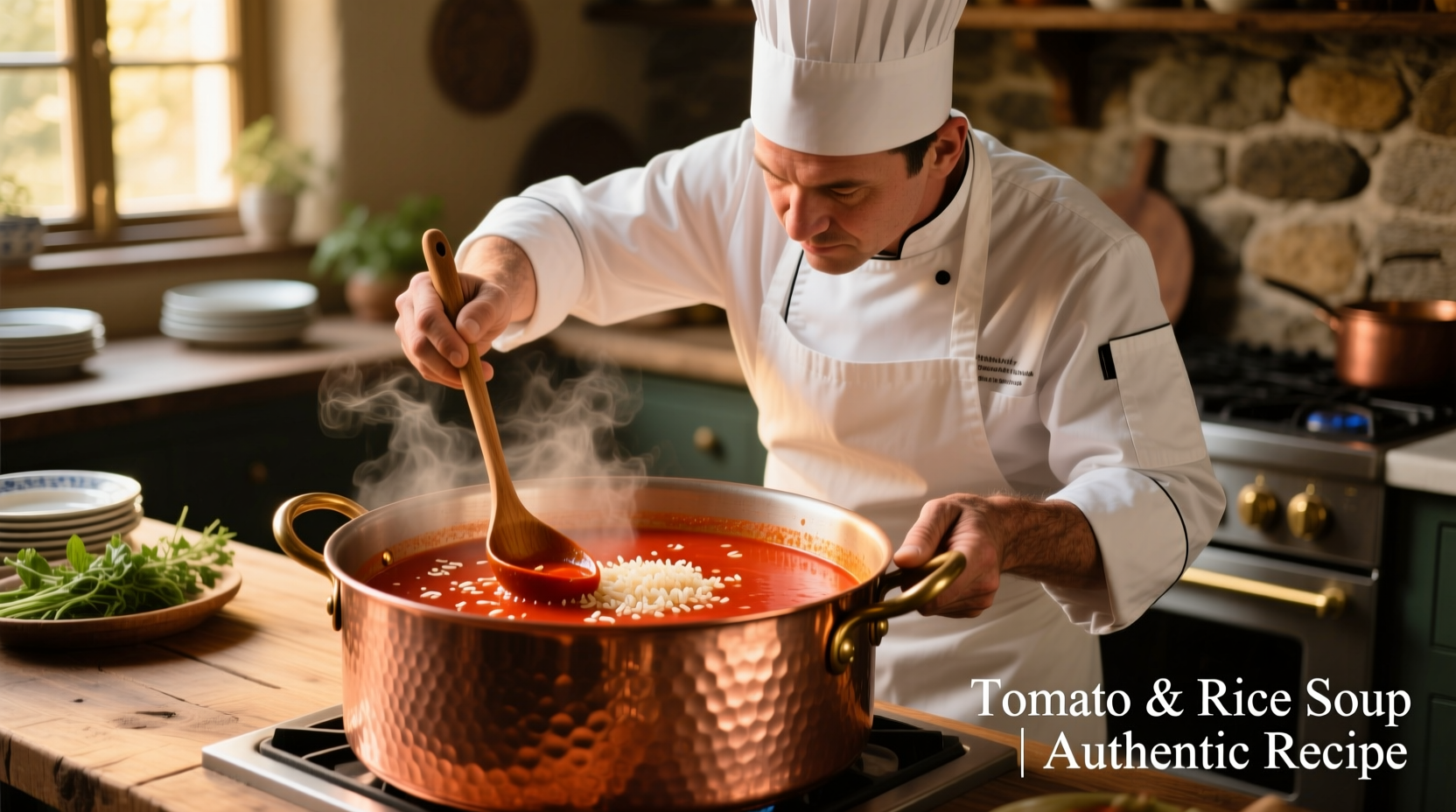 Chef preparing tomato soup with rice in copper pot