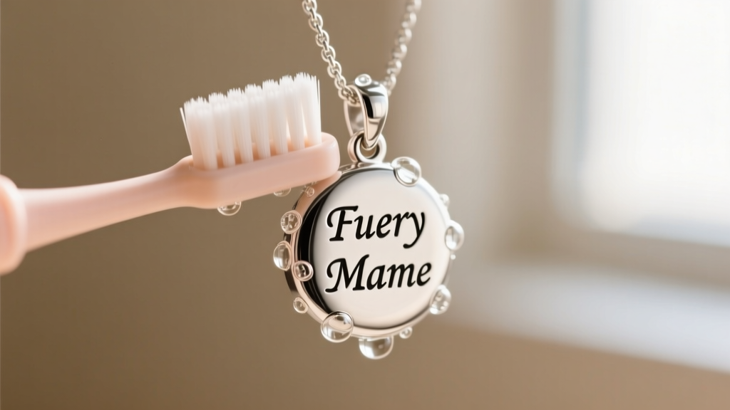 Macro shot of a soft baby toothbrush gently cleaning the tight kerfs of a sterling silver two name pendant with mild soapy water.