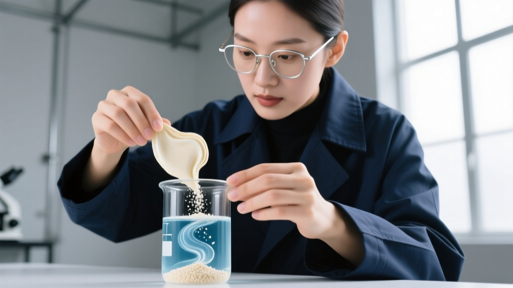 Macro shot of a jeweler carefully folding dehydrated breast milk powder into a beaker of crystal clear UV-stabilized epoxy resin