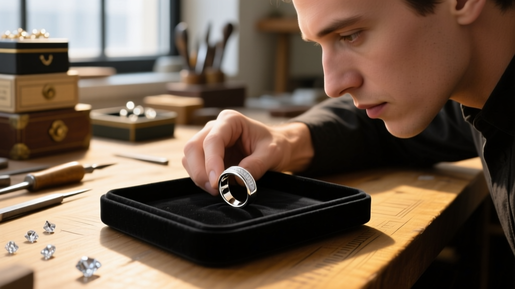 Jeweler inspecting the natural grey undertone of a palladium white gold wedding band on a dark velvet tray in a sunlit workshop