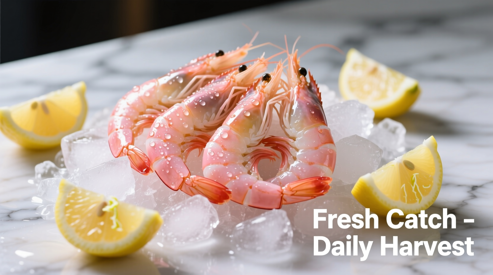 Fresh raw shrimp on ice with lemon wedges