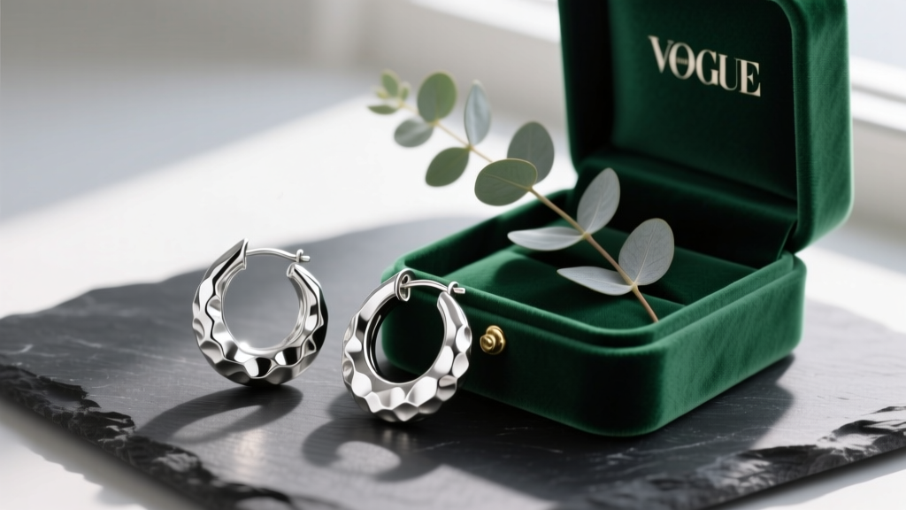 Sterling silver hammered hoop earrings on dark slate beside an open velvet gift box and eucalyptus sprig in soft natural lighting