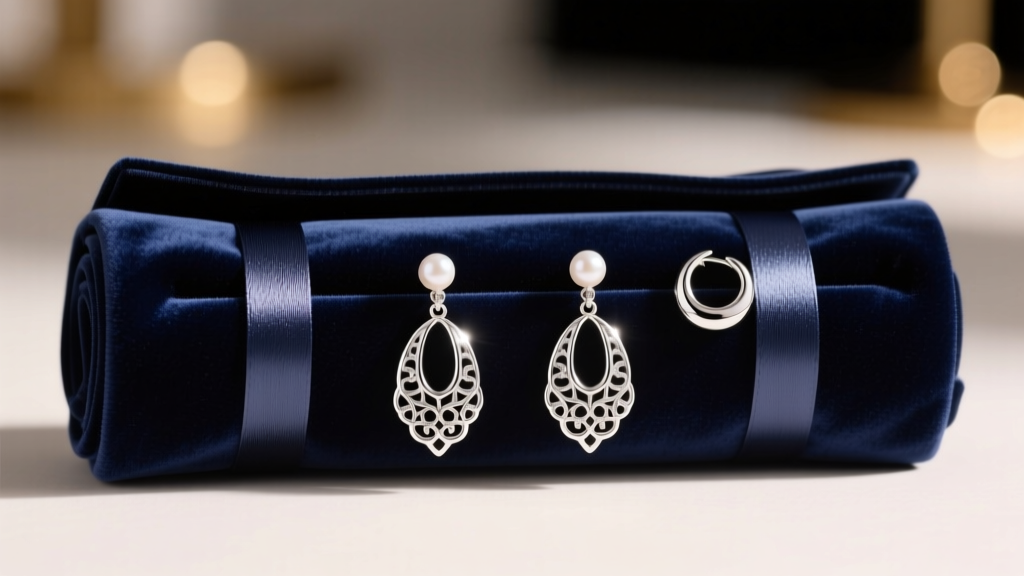 Close-up of navy velvet jewelry roll with anti-tarnish strips, holding silver drop earrings and small pearl huggie hoops