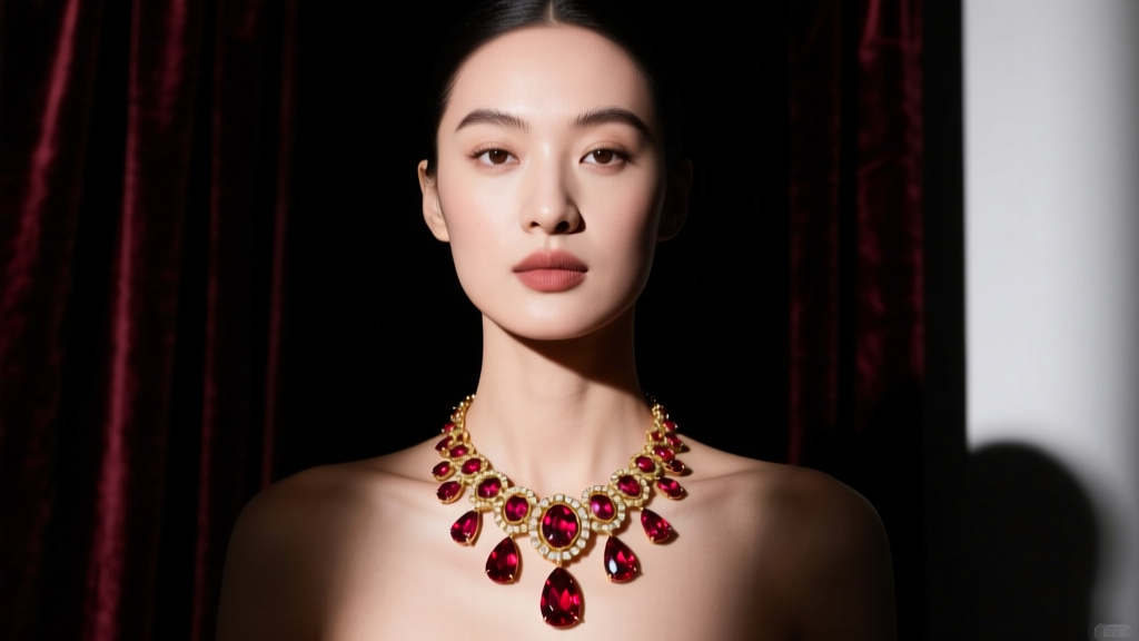 Elegant model wearing a bold ruby statement necklace with gold halo settings, dramatic lighting against a dark velvet backdrop.
