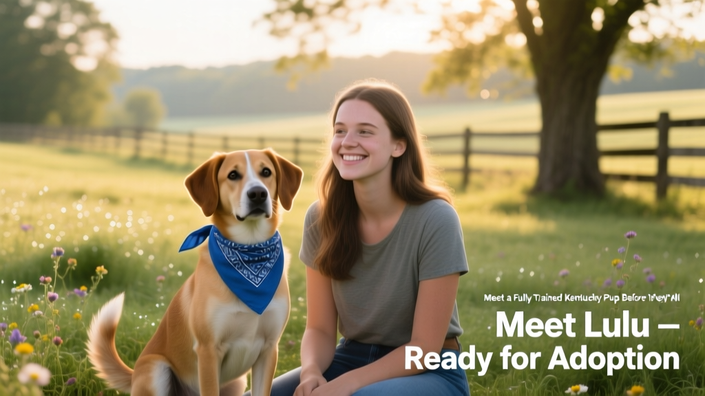 Lulu sitting attentively beside her handler, wearing a blue bandana, with a relaxed, happy expression
