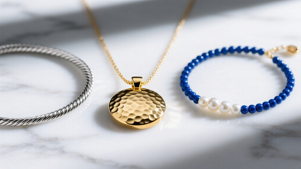 Flat lay of three necklace chains on marble: a matte hammered gold pendant, a high-polish silver cable chain, and a beaded choker