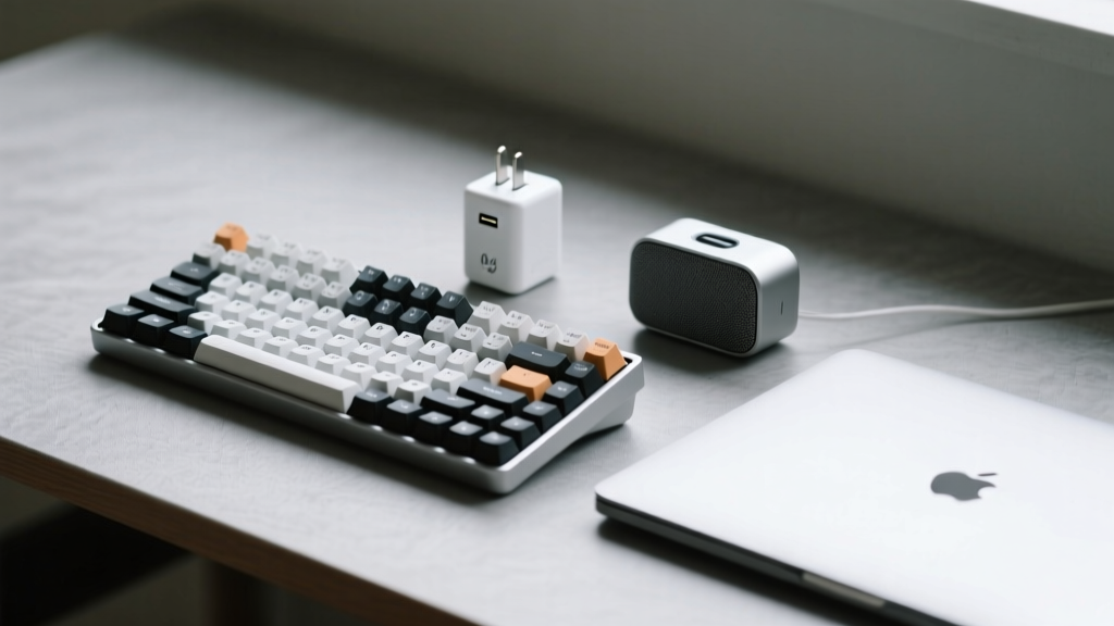 Minimalist desk setup featuring a compact 65 percent keyboard, tiny GaN wall charger, and small Bluetooth speaker beside a closed laptop