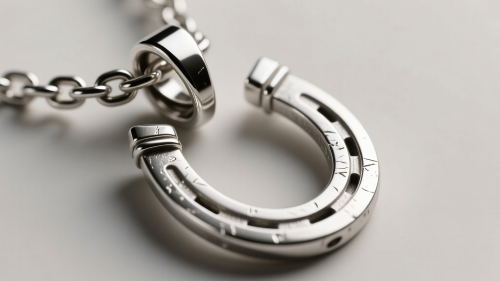 Macro shot of a steel chain bail on a silver horseshoe pendant, highlighting metal textures and clasp mechanics in bright light.