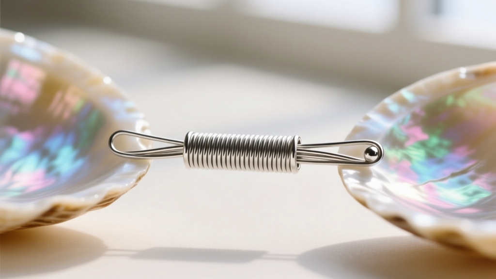 Macro shot of 49-strand steel beading wire threaded through a 2mm sterling silver crimp tube and a mother of pearl shell edges.