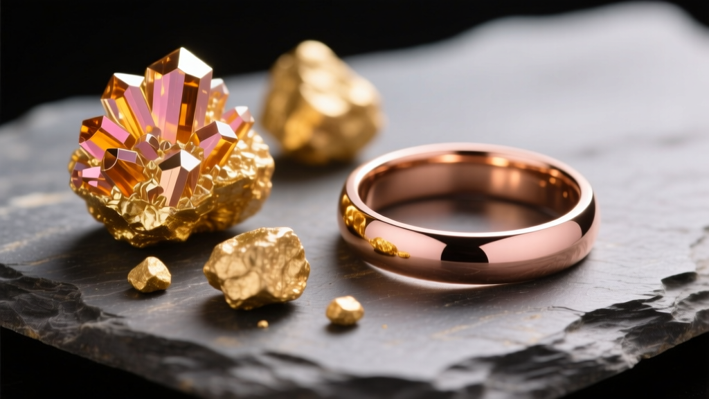 Macro shot of raw gold nuggets and polished 18k rose gold bands resting on a textured slate surface with soft studio lighting