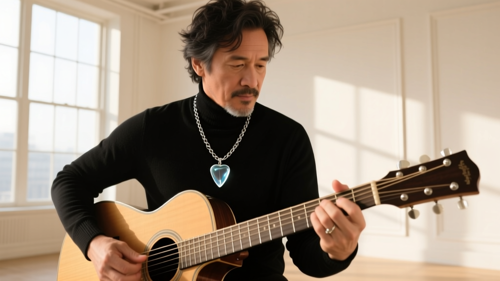 Musician wearing a silver chain with an acrylic guitar pick pendant, playing an acoustic guitar in bright studio sunlight