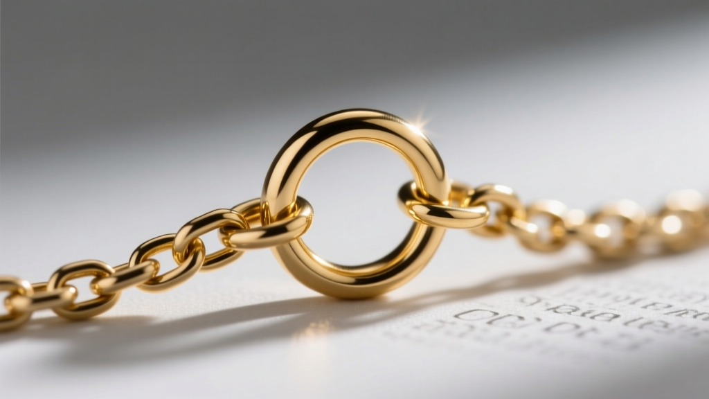 Macro shot of a 3mm 18-gauge solid gold jump ring aligned between two ends of a delicate figaro chain, ready for pulse arc fusion