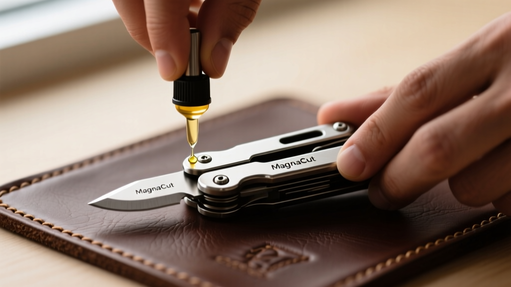 Hands applying a drop of pivot oil to the MagnaCut blade of a premium multi-tool resting on a stitched leather cutting mat.
