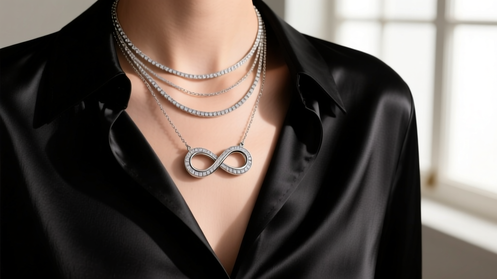 Elegant layered silver necklaces featuring a central Vera Wang infinity pendant on a black silk blouse, soft studio lighting