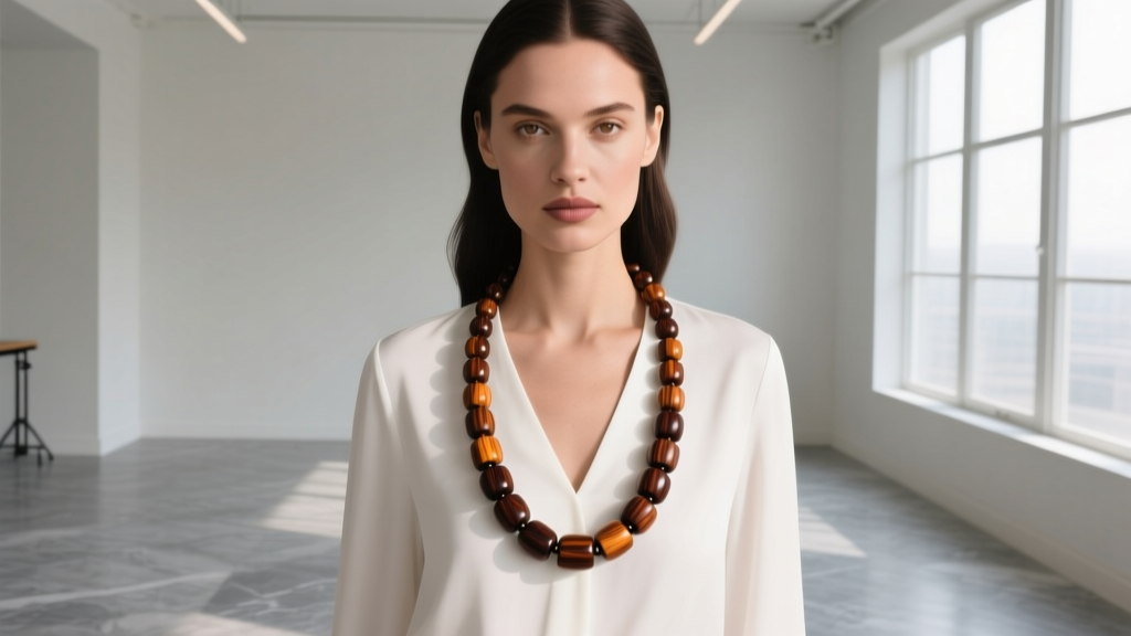 Woman wearing a 20-inch dark wood barrel bead necklace over a white V-neck blouse, photographed in bright natural daylight.
